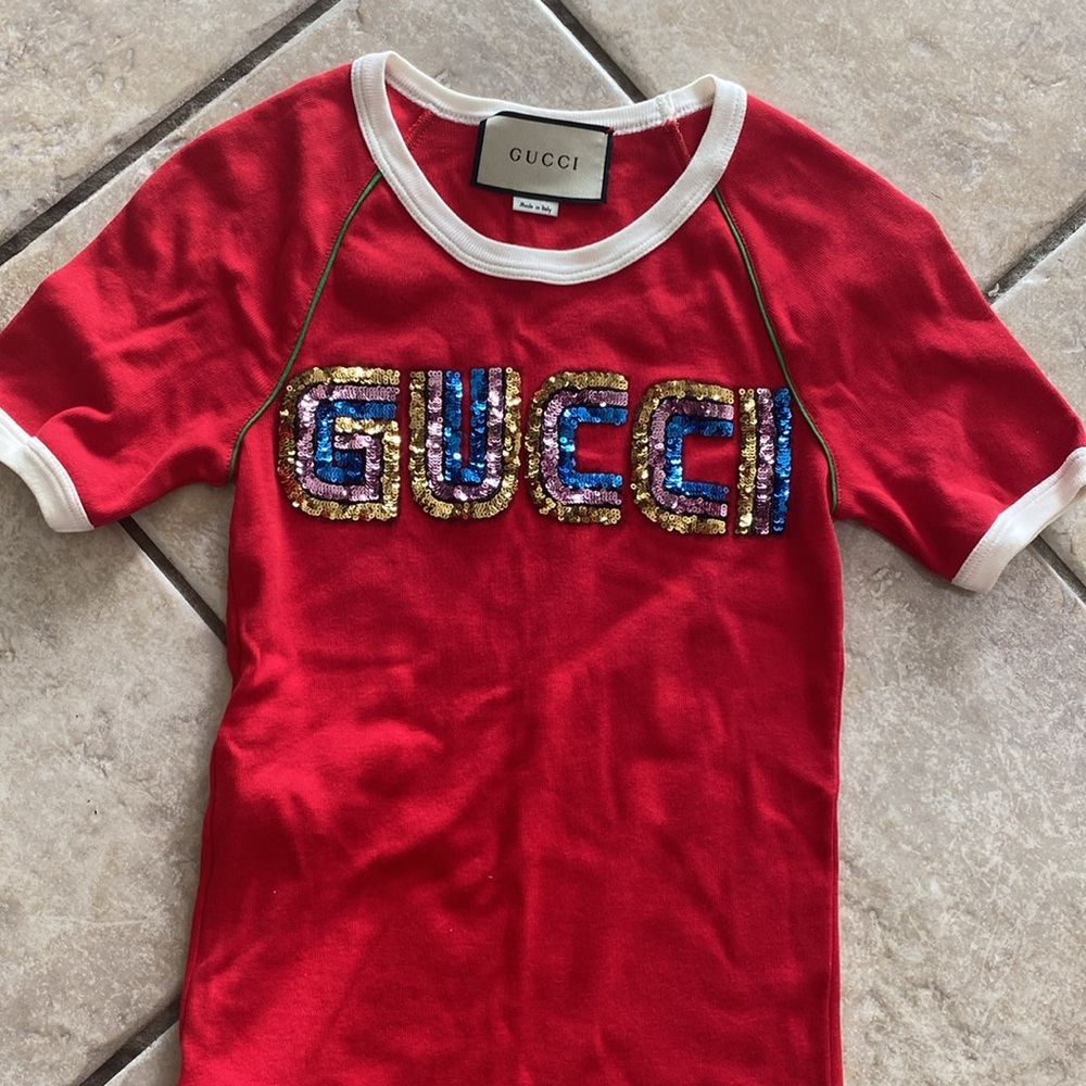 Gucci Red Sequin Logo Ringer Tee - Ribbed Jersey Knit Shirt XXS | EUC - Picture 3 of 8